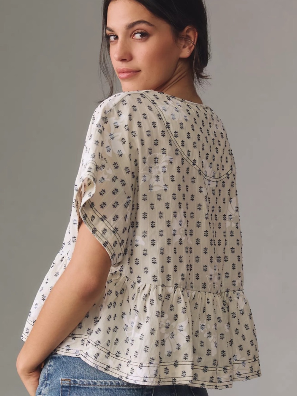 Lightweight White Peplum Top with Blue Floral Print - Picture 5 of 9